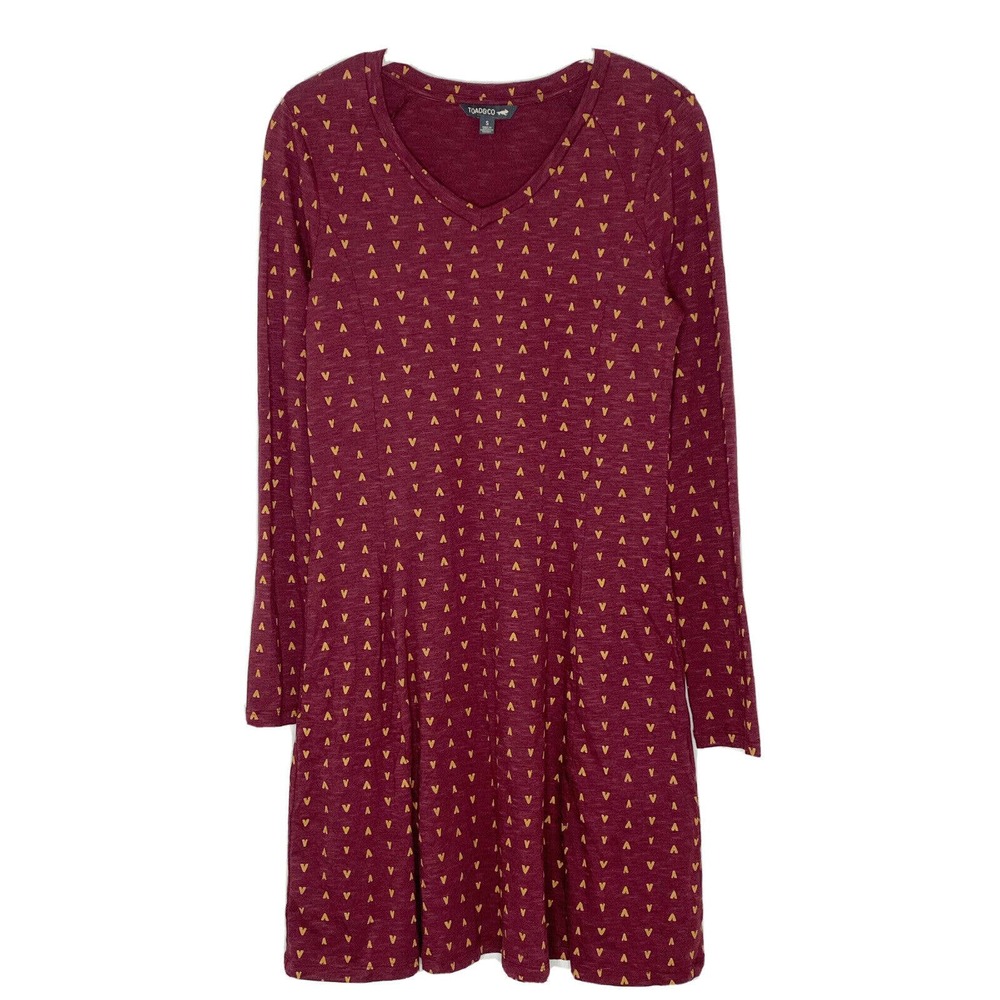 TOAD AND CO Burgundy Organic Cotton Long Sleeve Dress with V Pattern Small - Picture 1 of 6